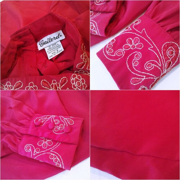 Vintage 80s Gailord High-Neck Pleated Blouse Top (8) Embroidered Metallic Cuffs - Picture 7 of 10